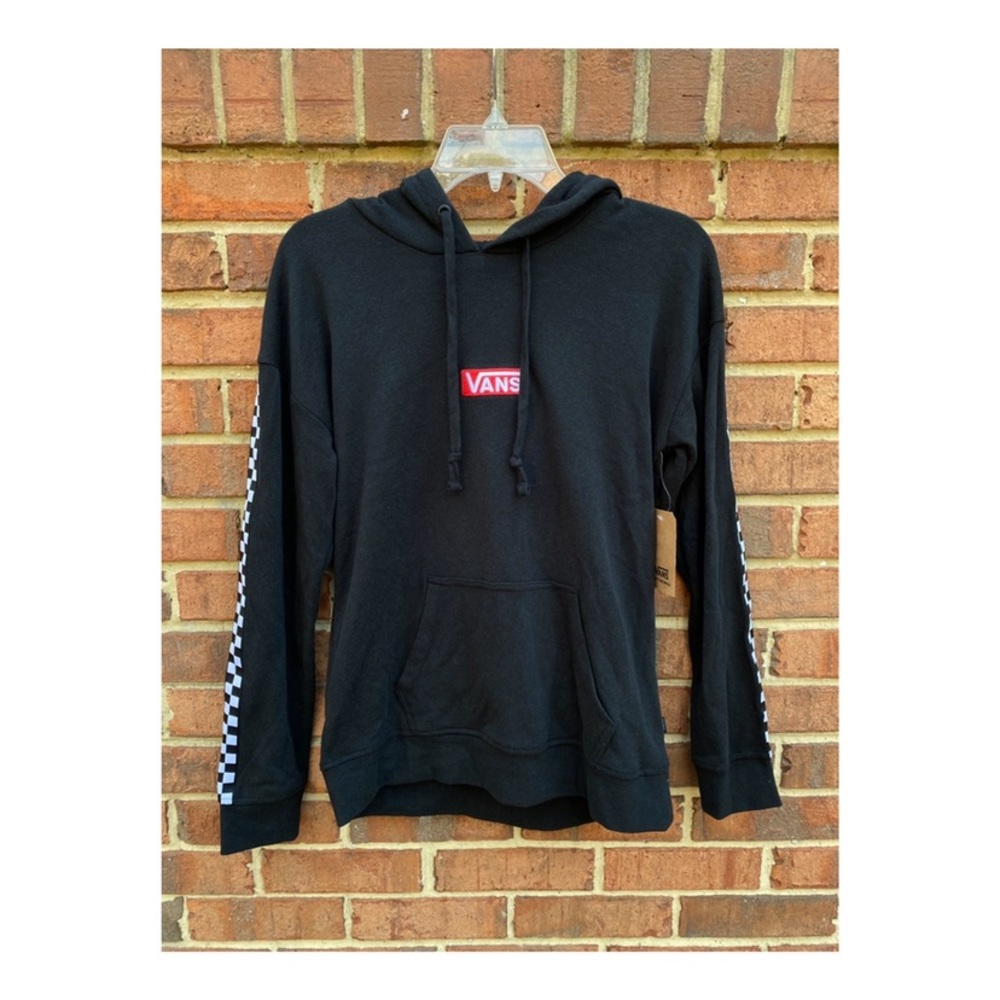 Brand new with tags. Vans black pullover hoodie with checkered sleeves. Size XS